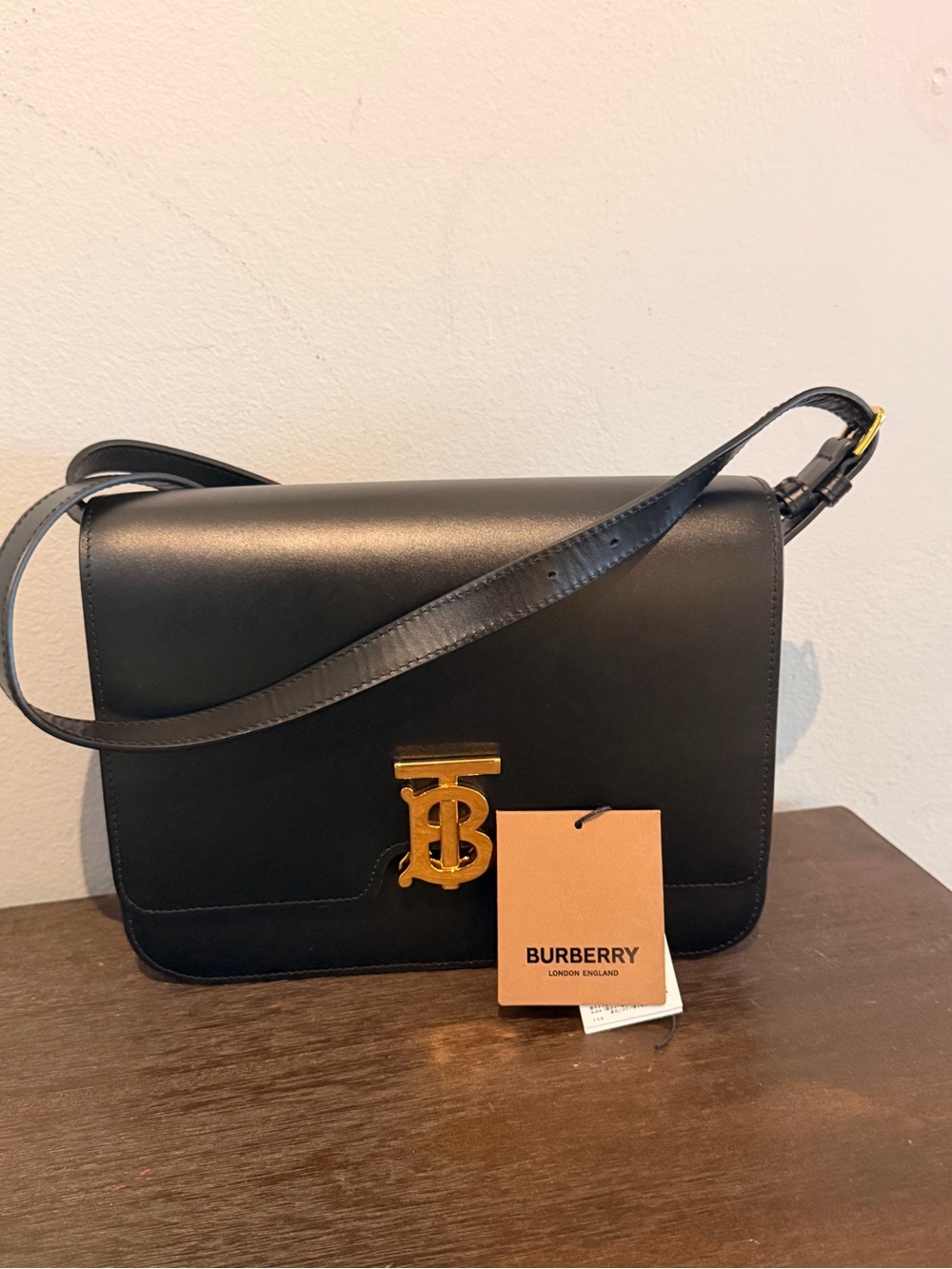 Burberry Black Leather Messenger Bag with Gold TB Monogram